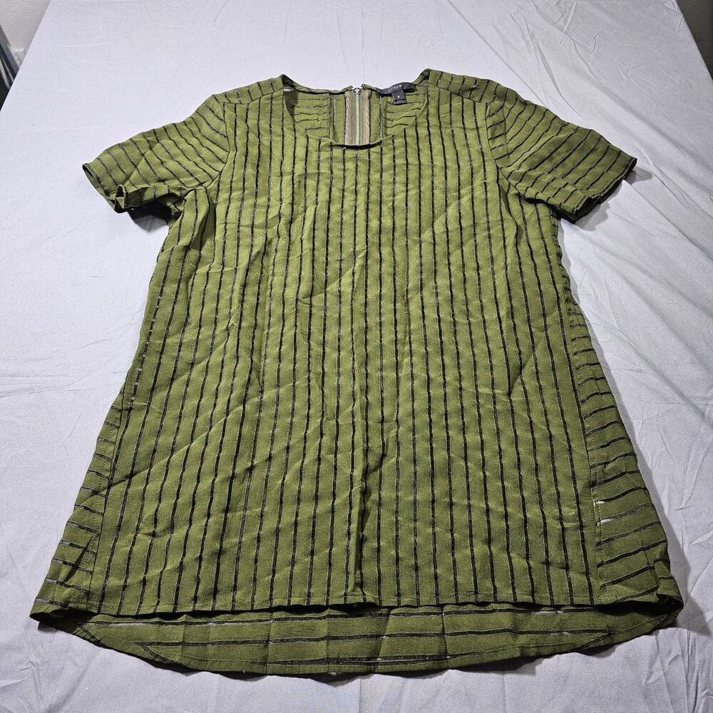 J. Crew Shadow Striped Shirt Womens 0 Green Semi Sheer Short Sleeve Back Zip Top